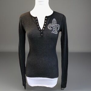 Charcoal, gray body hug ANKH Royalty Long Sleeve Top